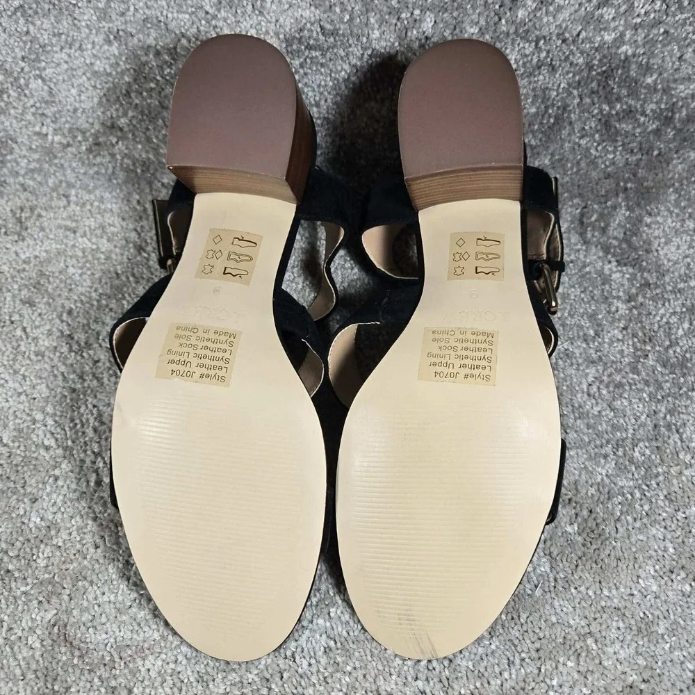 J.Crew Sandals Black Suede Three-Strap Buckle Stacked Heel Women 9